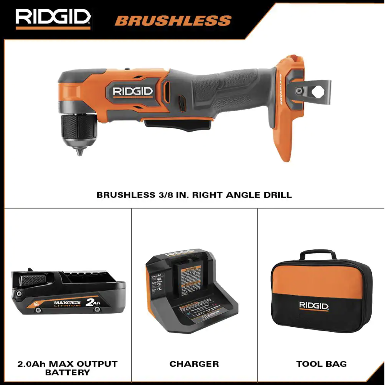 Ridgid 18V Brushless Cordless 3/8 in. Subcompact Right Angle Drill Kit with 2.0 Ah MAX Output Battery and Charger