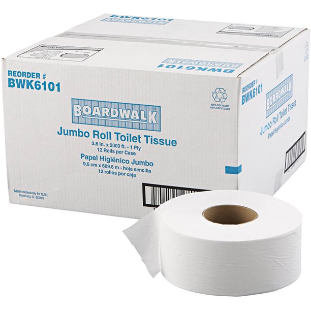 Boardwalk JRT Jr. Toilet Paper. Jumbo. Septic Safe. 1-Ply. White. 3.5 x 2000ft. 12/Carton