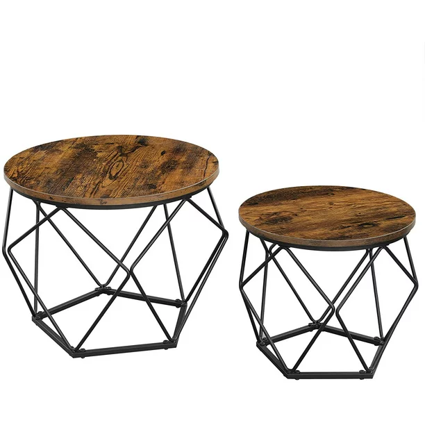 Vasagle Round Coffee Table Set Of 2. Side End Table With Steel Frame For Living Room. Rustic Brown And Black