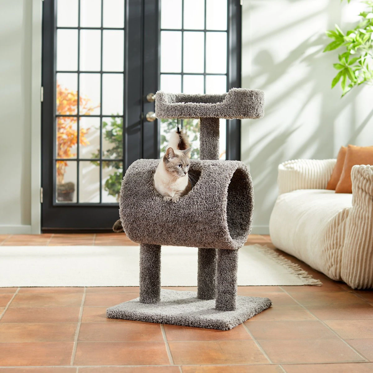 Frisco 35-In Real Carpet Cat Tree With Tunnel. Gray