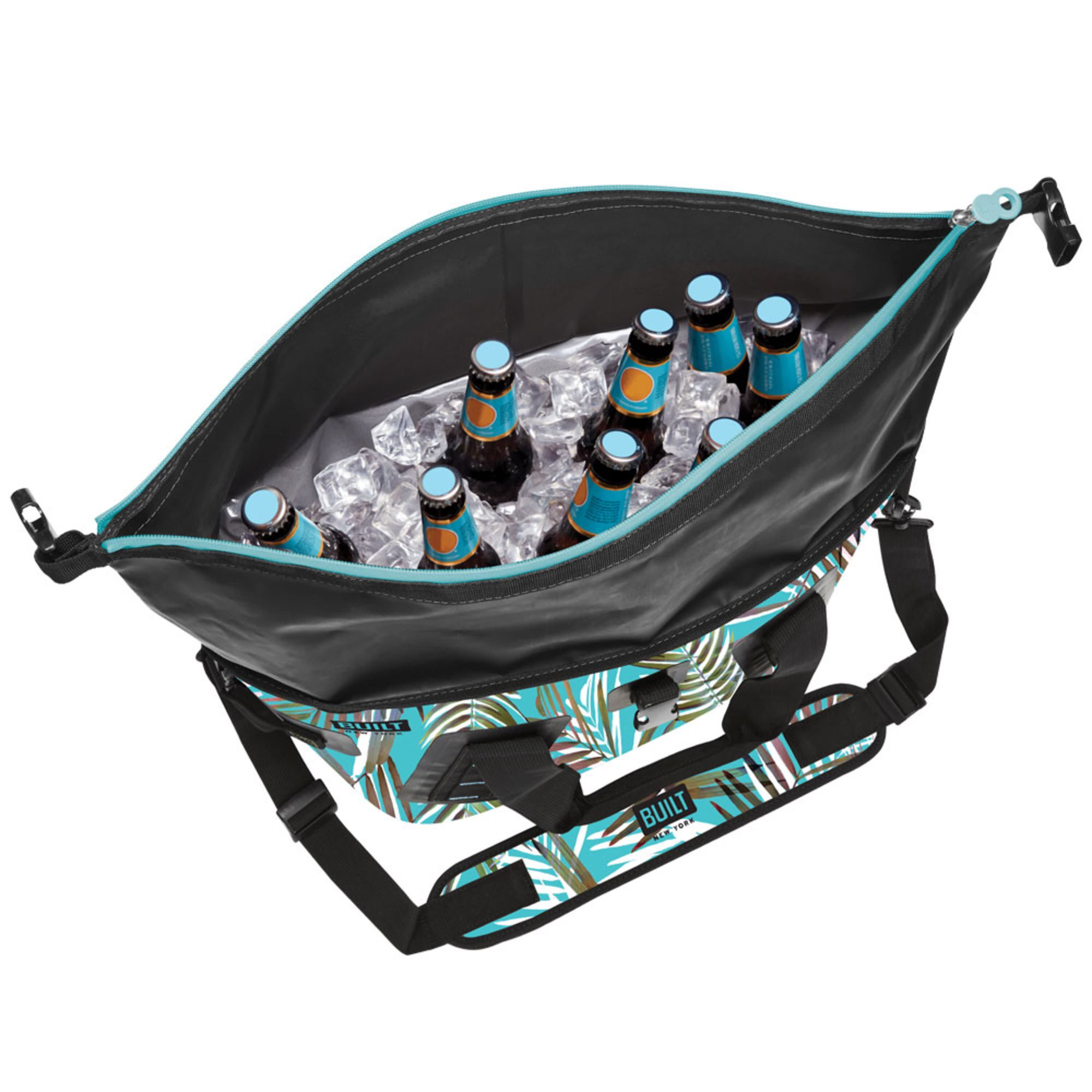 Built Large Welded Soft Portable Cooler with Wide Mouth Opening. Insulated and Leak-Proof in Teal Palms Pattern