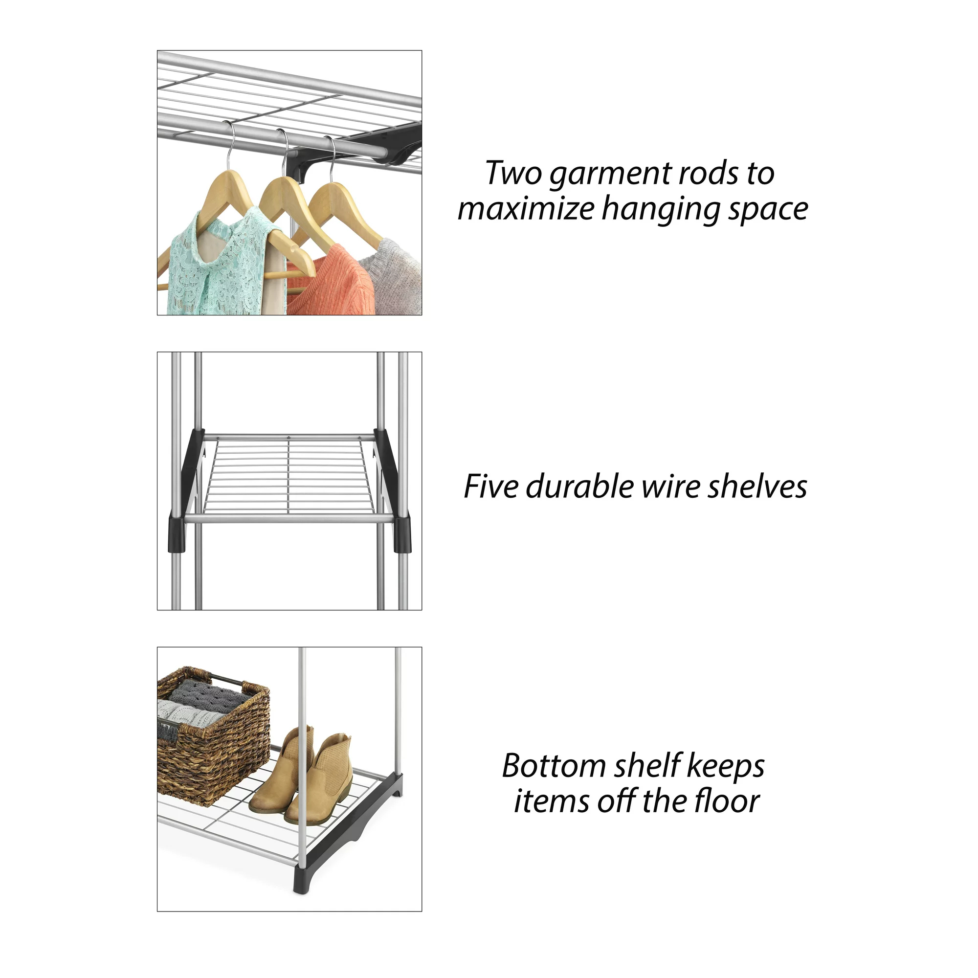 Whitmor Double Rod Closet System. Metal with Resin Connectors. Silver and Black