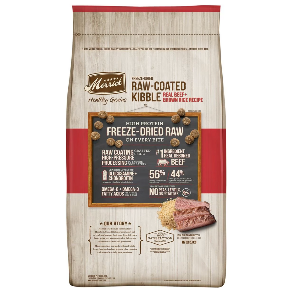 Merrick Healthy Grains Raw-Coated Kibble Real Beef + Brown Rice. 10-lb Bag
