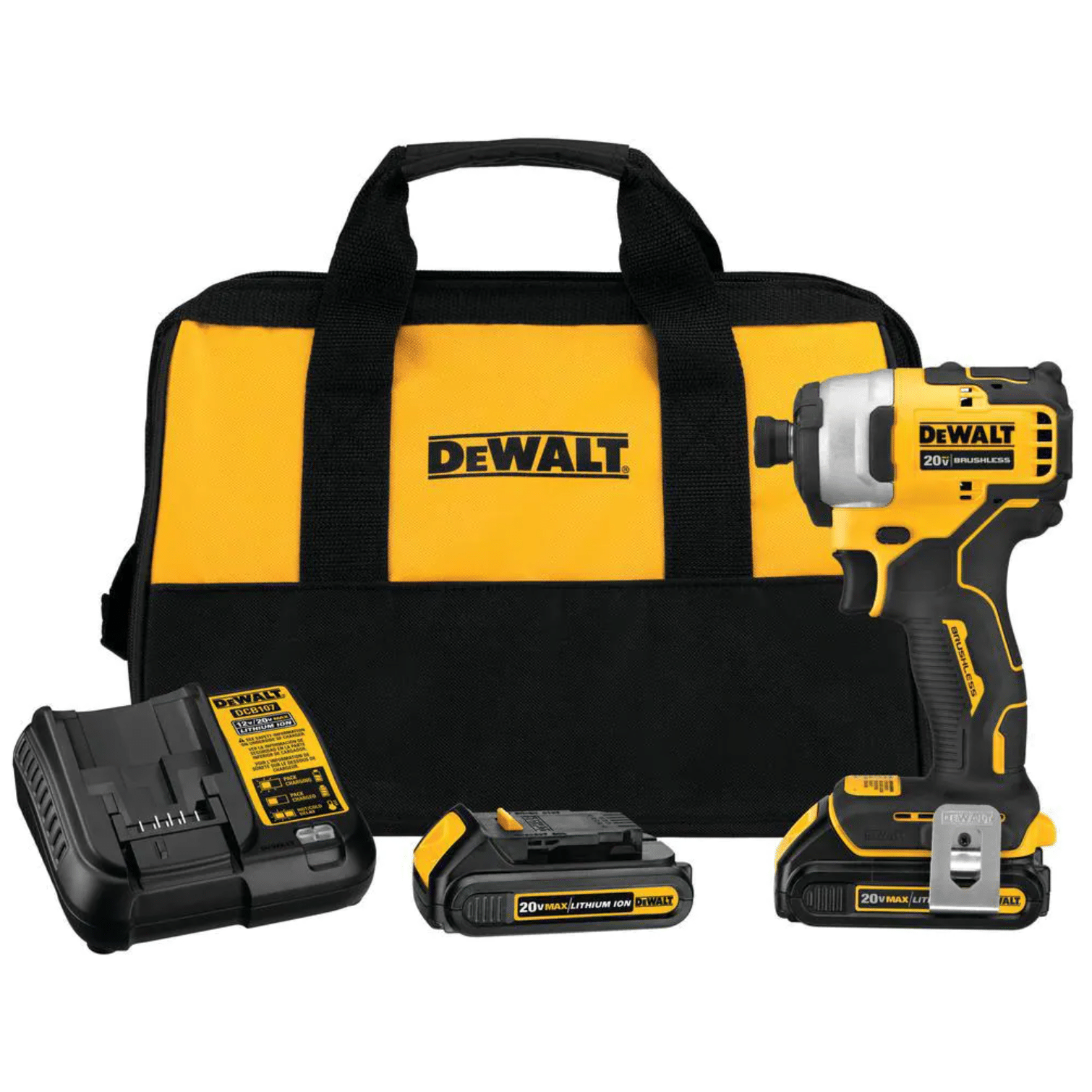 Dewalt Atomic 20-Volt MAX Cordless Brushless Compact 1/4 in. Impact Driver. (2) 20-Volt 1.3Ah Batteries. Charger & Bag (DCF809C2)
