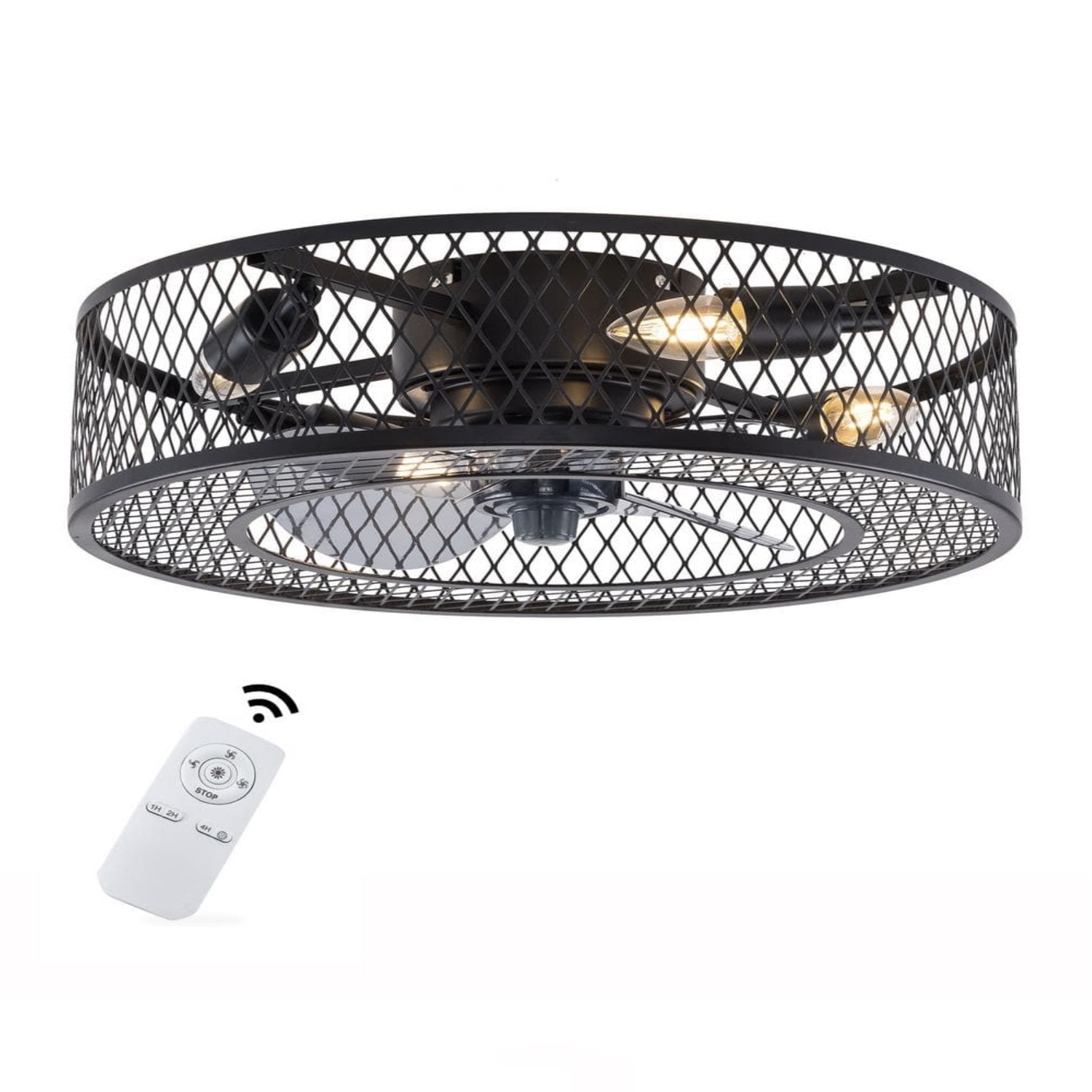 Oukaning 18 in. 4-Light Retro Industrial Style Indoor Black Metal Caged Ceiling Fan with Light Kit and Remote Control