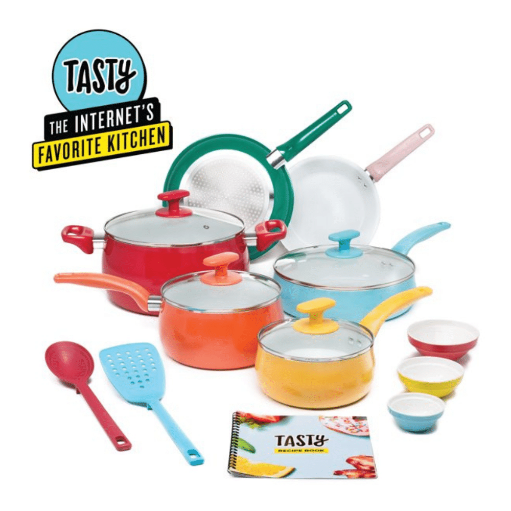 Tasty Ceramic Titanium-Reinforced Non-Stick 16-Piece Cookware Set. Multicolor