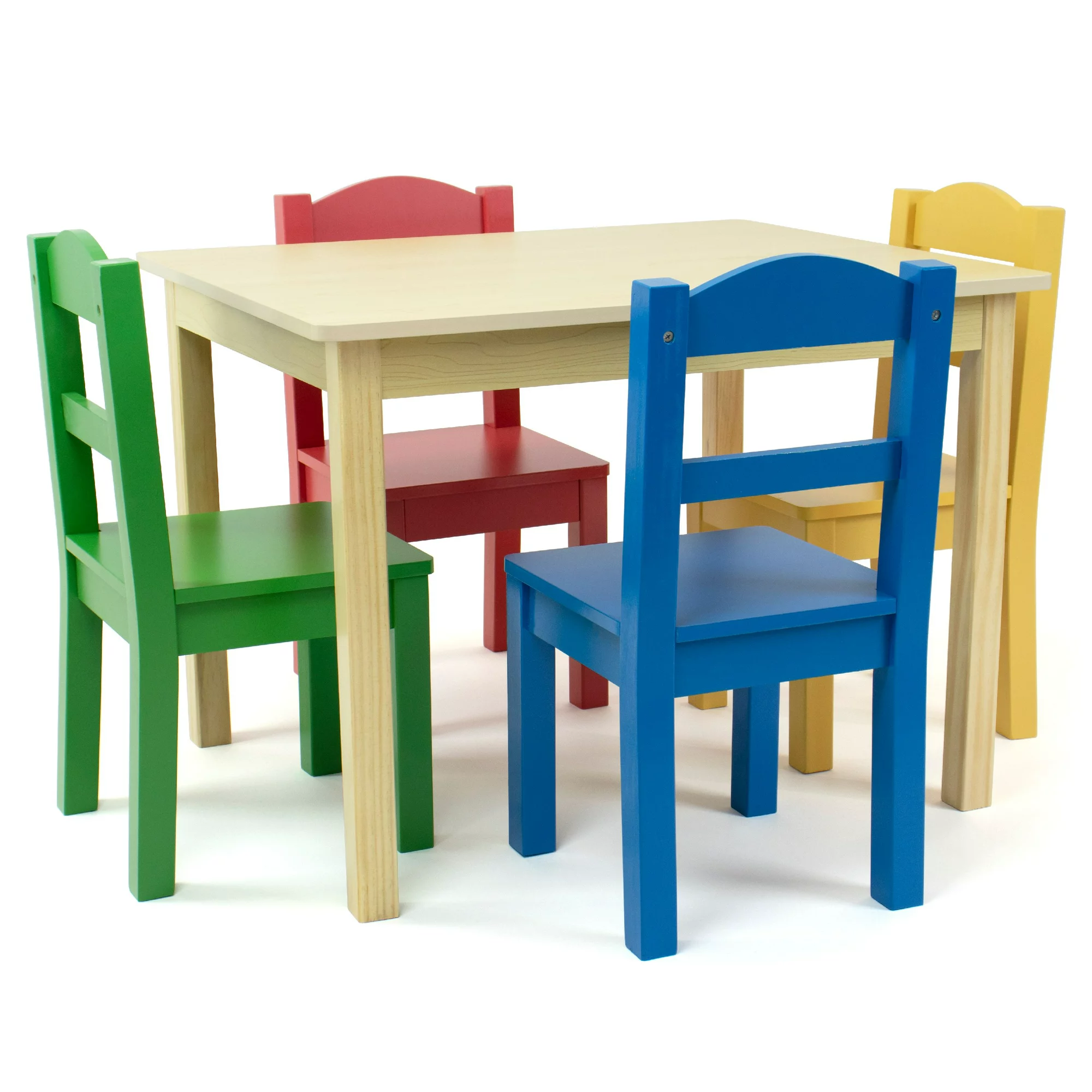 Humble Crew Primary Kids Wood Table and 4 Chairs Set. Natural Wood/Primary