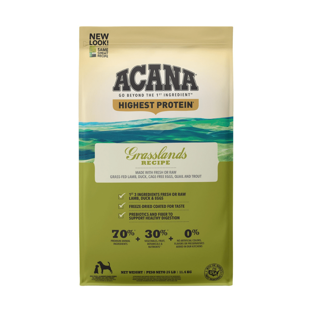 Acana Grasslands Grain Free Freeze-Dried Coated Lamb Duck Trout And Quail Dry Dog Food. 25 Lbs