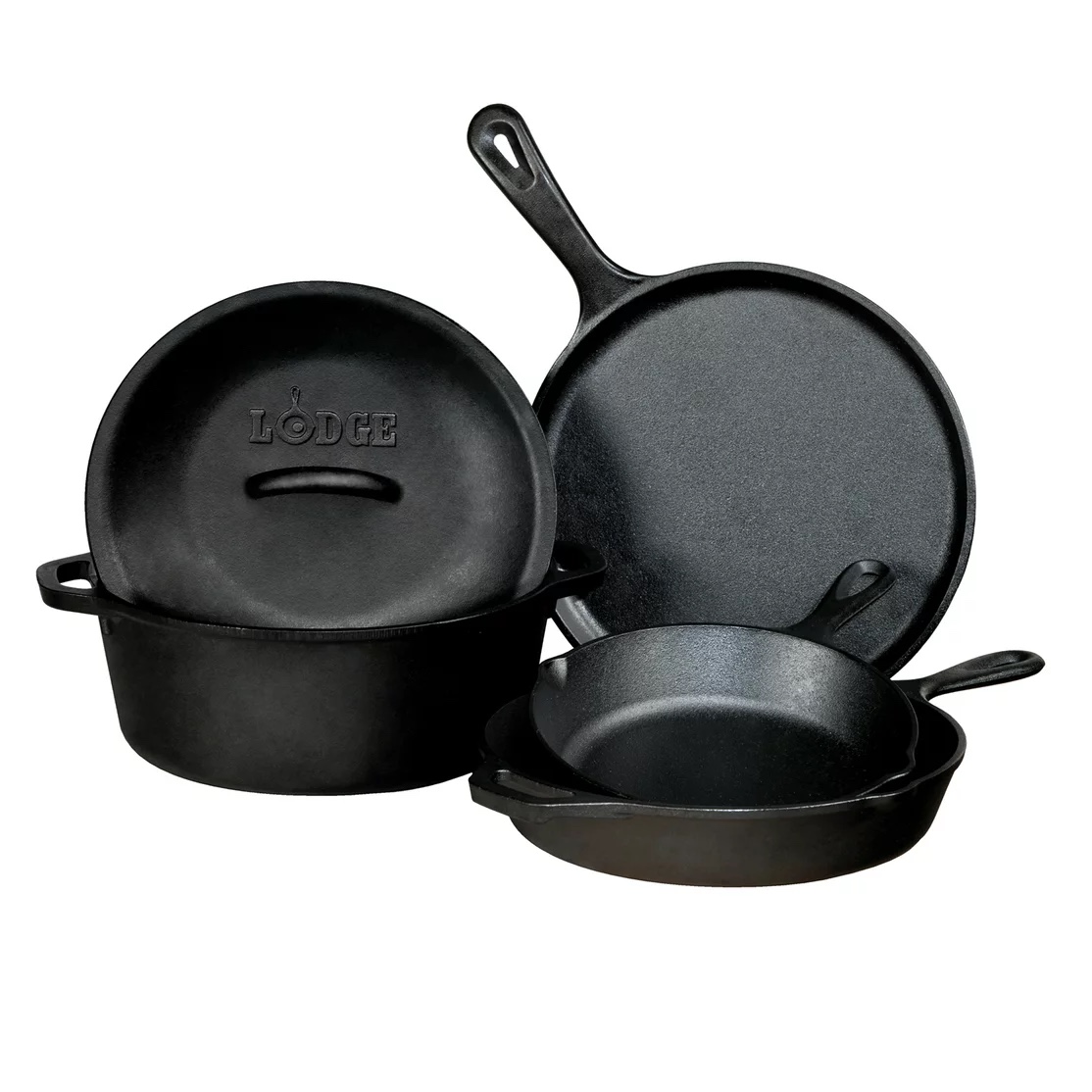 Lodge Seasoned Cast Iron 5-Piece Set with Skillet. Griddle & Dutch Oven
