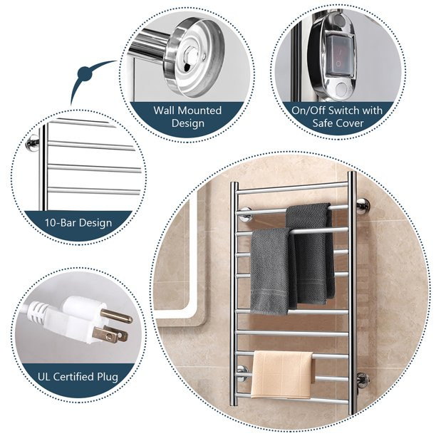 Costway Electric Towel Rail Rack 10-bar Rung Heated Bathroom Warmer Steel