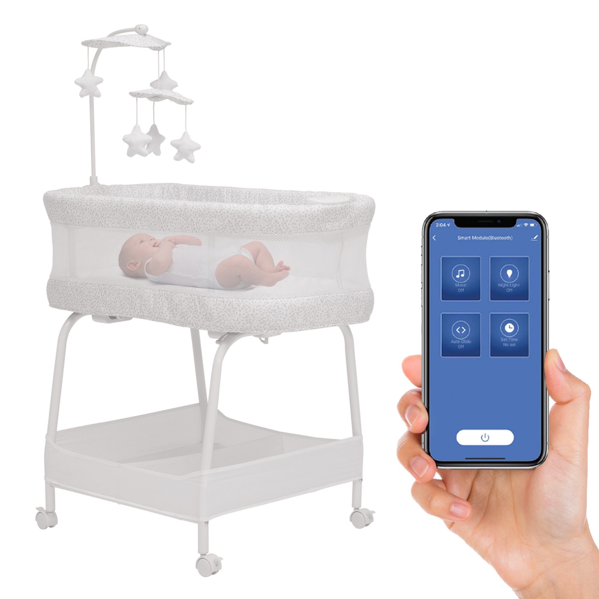 Delta Children SmartSleep Auto Glide Bassinet with Bluetooth. Alloy