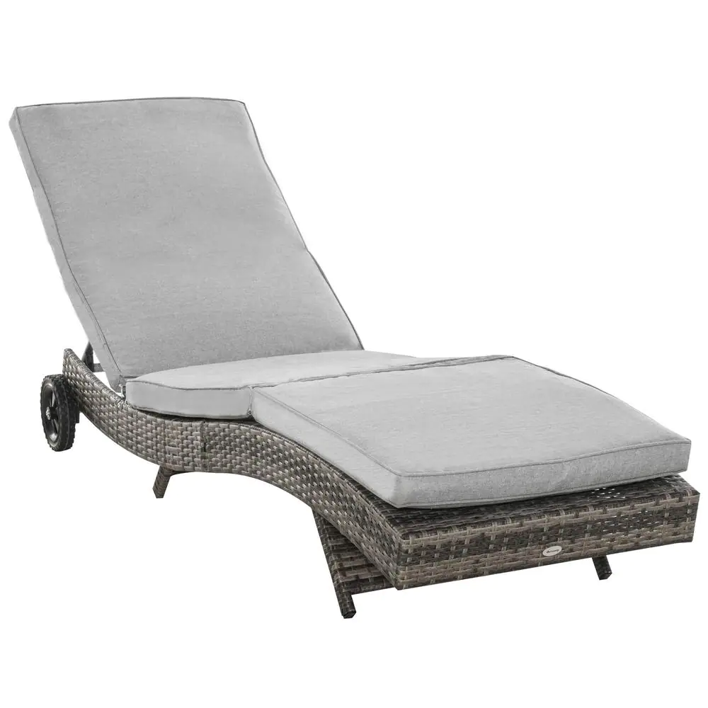 Outsunny Grey Metal Plastic Rattan Outdoor Chaise Lounge Chair With Grey Cushions. 2 Wheels And 5 Backrest Angles