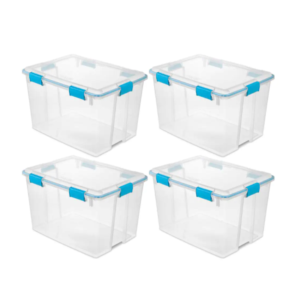 Sterilite 80 Qt. Plastic Home Storage Container in Clear Base and Lid with Blue Aquarium Latches and Gaskets (4-Pack)