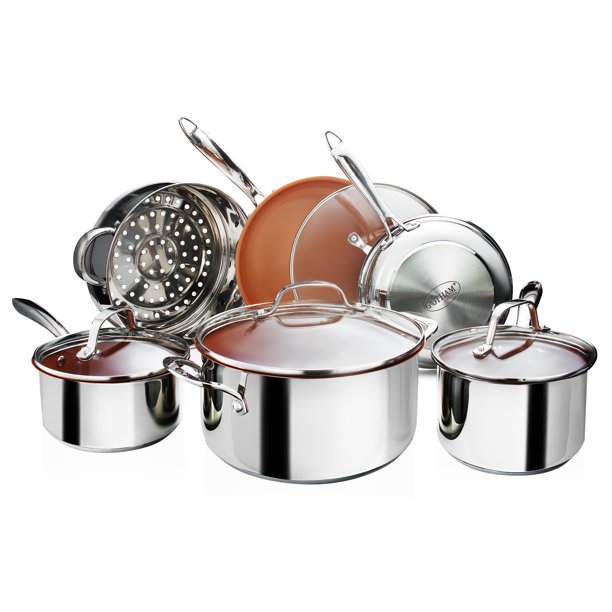 Gotham Steel Premium Tri-Ply Stainless Steel Pots And Pans Set. 10 Pieces