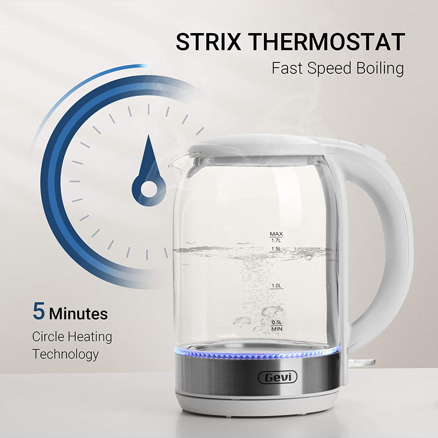Gevi White Electric Glass Kettle 1.7L Hot Water Boiler with LED Light Kettle Glass