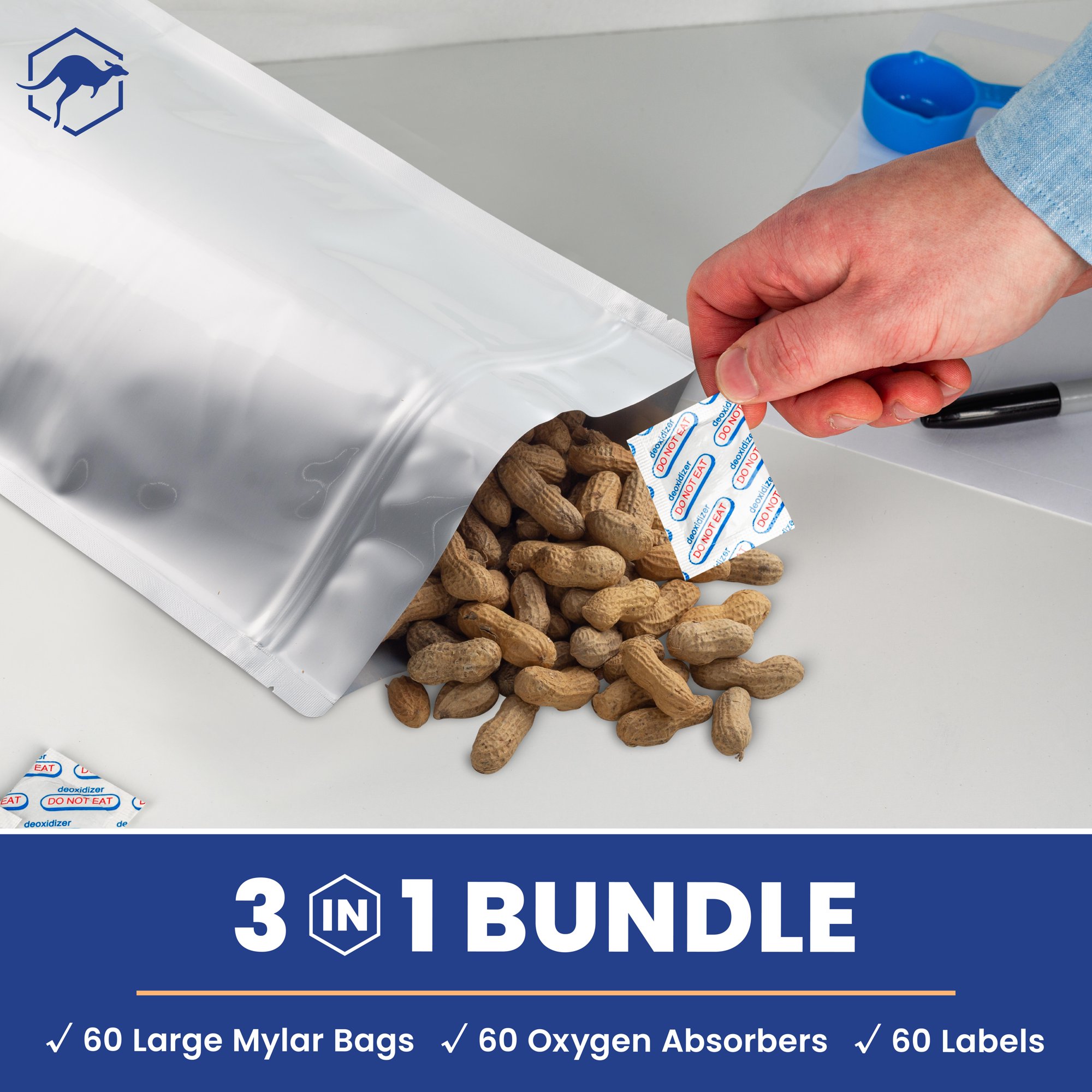 Wallaby 60 Stand-Up Mylar Bags With Zipper. Bundle - 1 Gallon (7.5 Mil). Silver