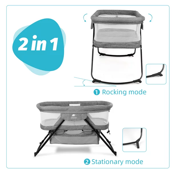 Crzdeal Bassinet 2-in-1 Fold Bassinet for Baby Stationary & Rock Portable Beside Sleeper for Baby. Gray