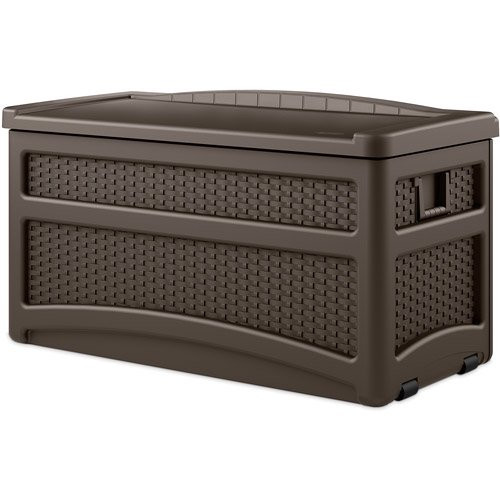 Suncast Outdoor 73 Gallon Resin and Wicker Deck Box with Seat. Java Brown