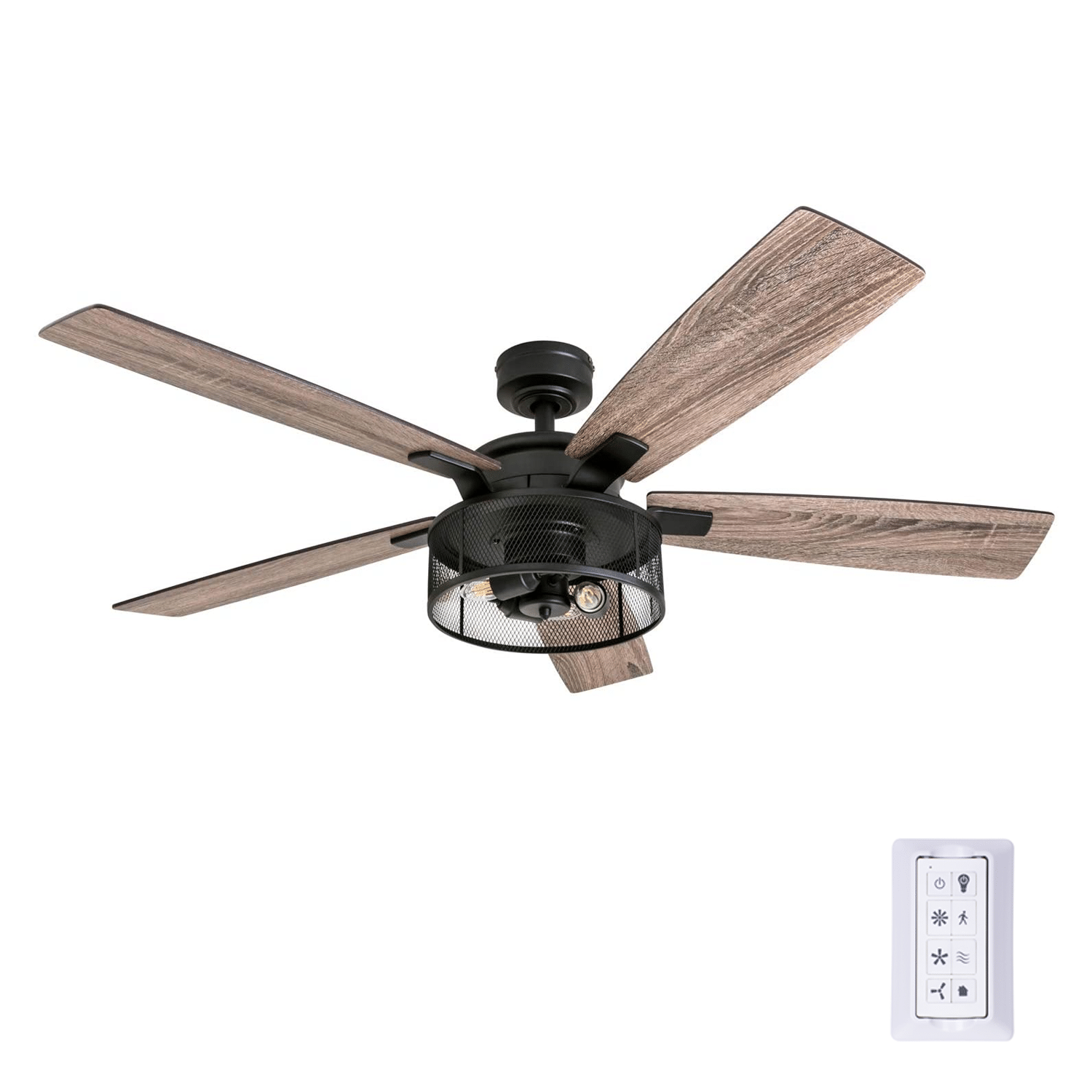Honeywell Carnegie 52″ Matte Black LED Industrial Ceiling Fan with Remote. Mesh Drum Lighting and Edison Bulbs