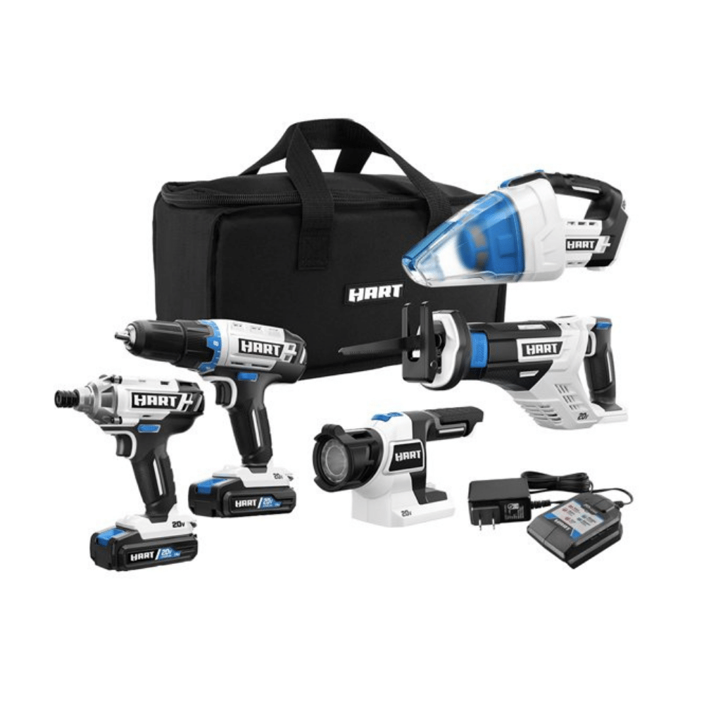 Hart 20-Volt Cordless 5-Tool Combo Kit. 1.5Ah Lithium-Ion Batteries And Storage Bag