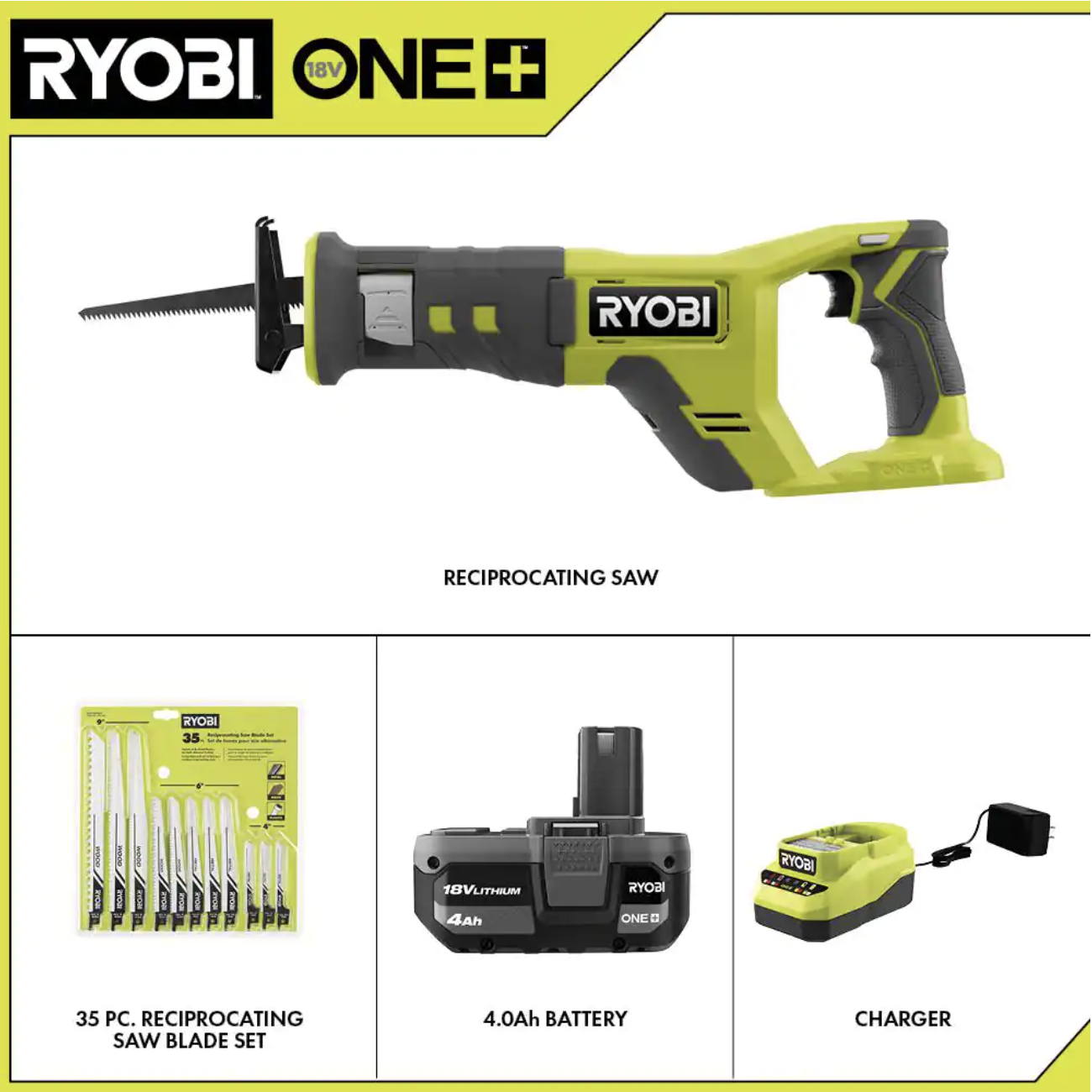 Ryobi One+ 18V Cordless Reciprocating Saw Kit with Battery. Charger. Multi-Purpose Reciprocating Saw Blade Set (35-Piece)