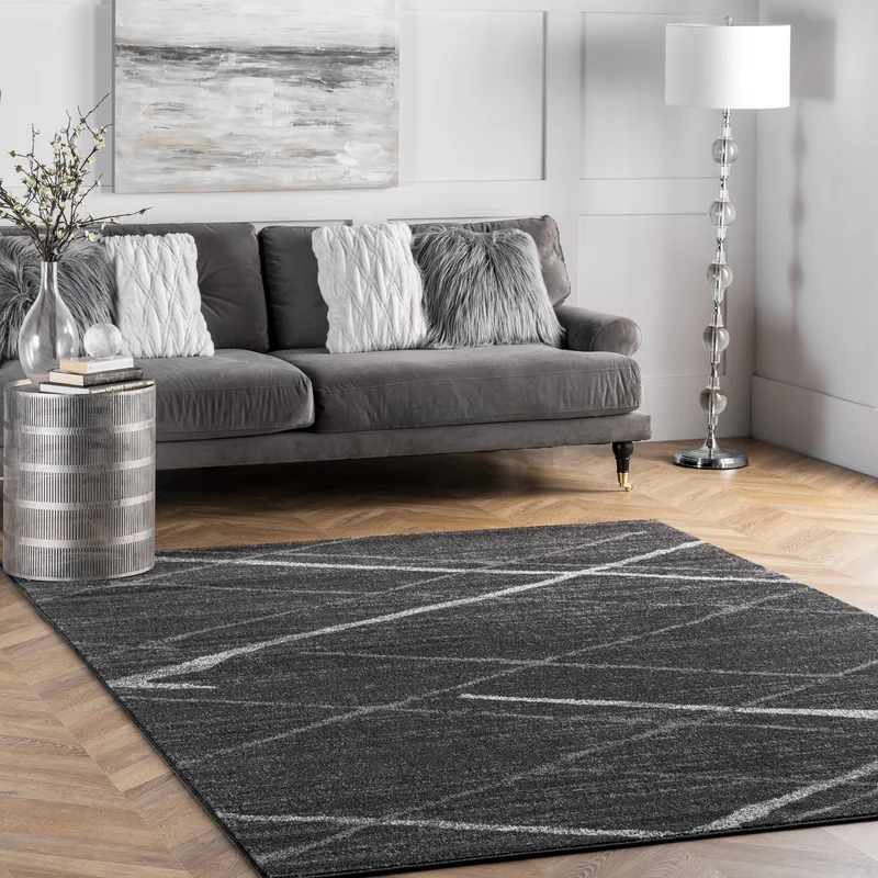 Wrought Studio Amiia Abstract Power Loom Performance Dark Gray Rug. Rectangle 10′ x 14′