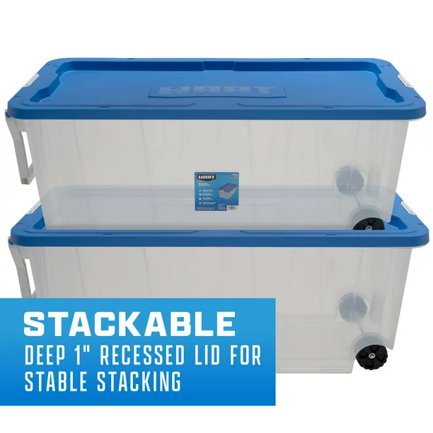 Hart 200 Quart Clear Latching Rolling Plastic Storage Bin. Clear Tote/Blue Lid. Set of 2