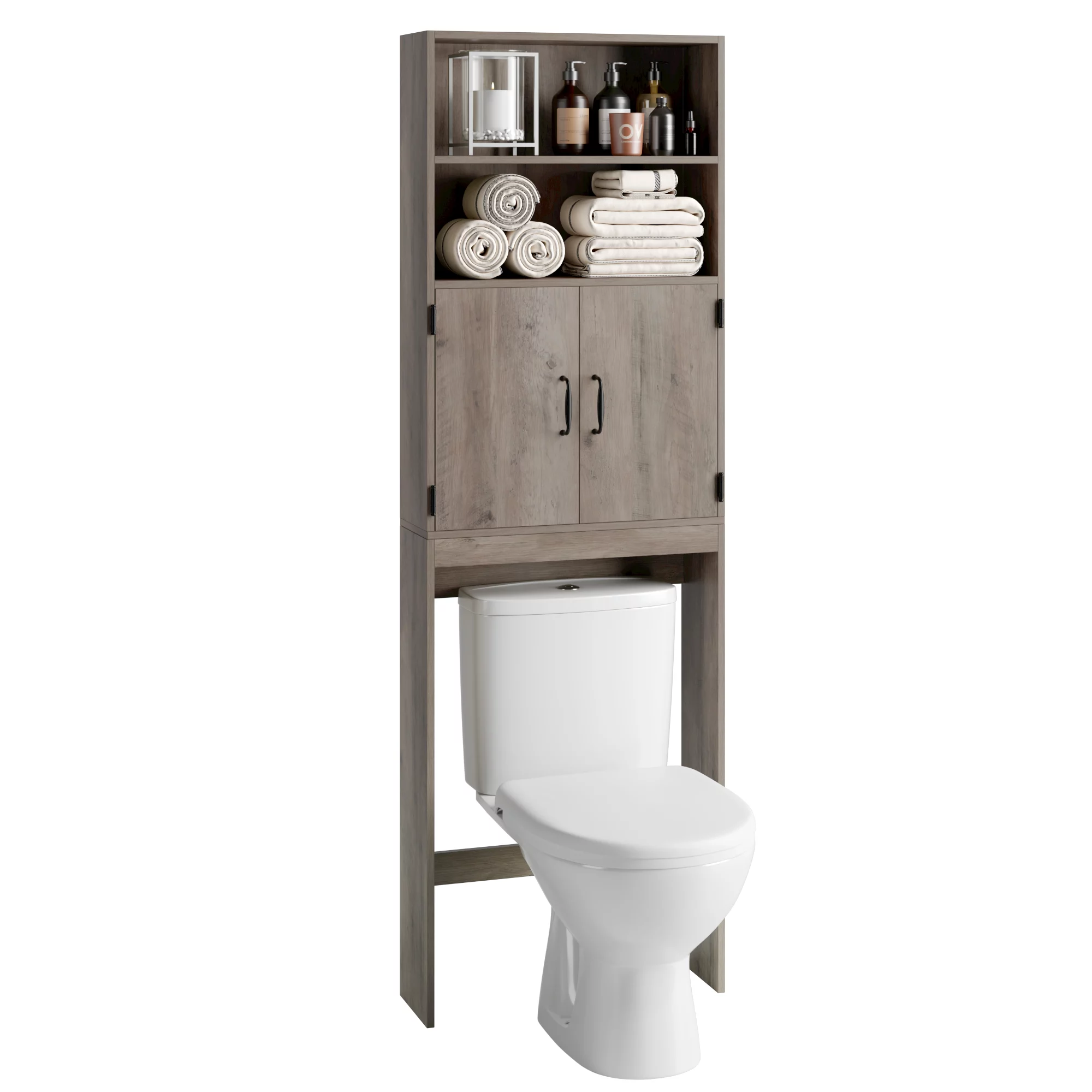 Homfa Bathroom Storage Cabinet Over Toilet with 4-Tier Shelves and 2 Doors. Gray Finish