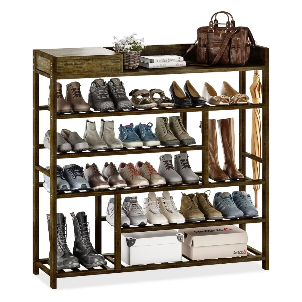 Bamworld Shoes Rack Shelf Organizer for Entryway 5 Tier Bamboo 24 Pair Boots Footwear Book Flowerpots. Dark Brown