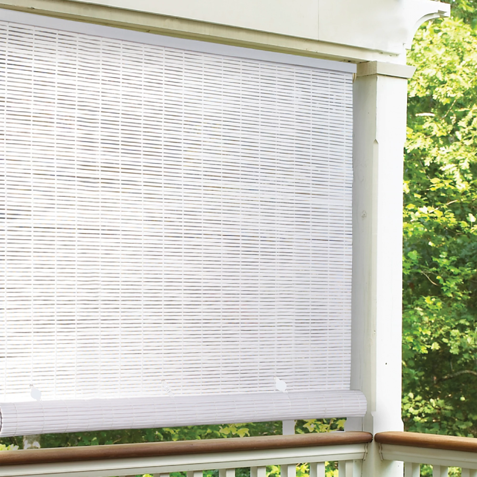 Radiance Cordless 1/4″ PVC White Roll-Up Outdoor Sun Shade. 8-W x 6-L