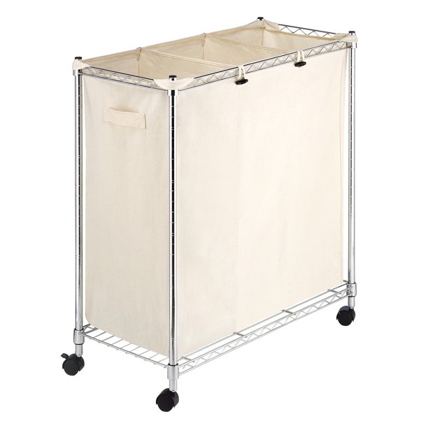 Whitmor 3 Section Rolling Laundry Sorters With Removable Canvas Bags. Chrome And Beige