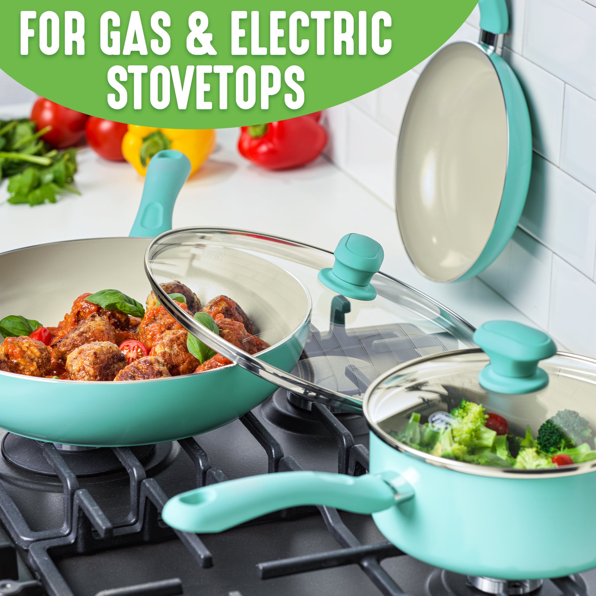 GreenLife Soft Grip Diamond Healthy Ceramic Nonstick. 14 Pieces Cookware Pots and Pans Set. Turquoise