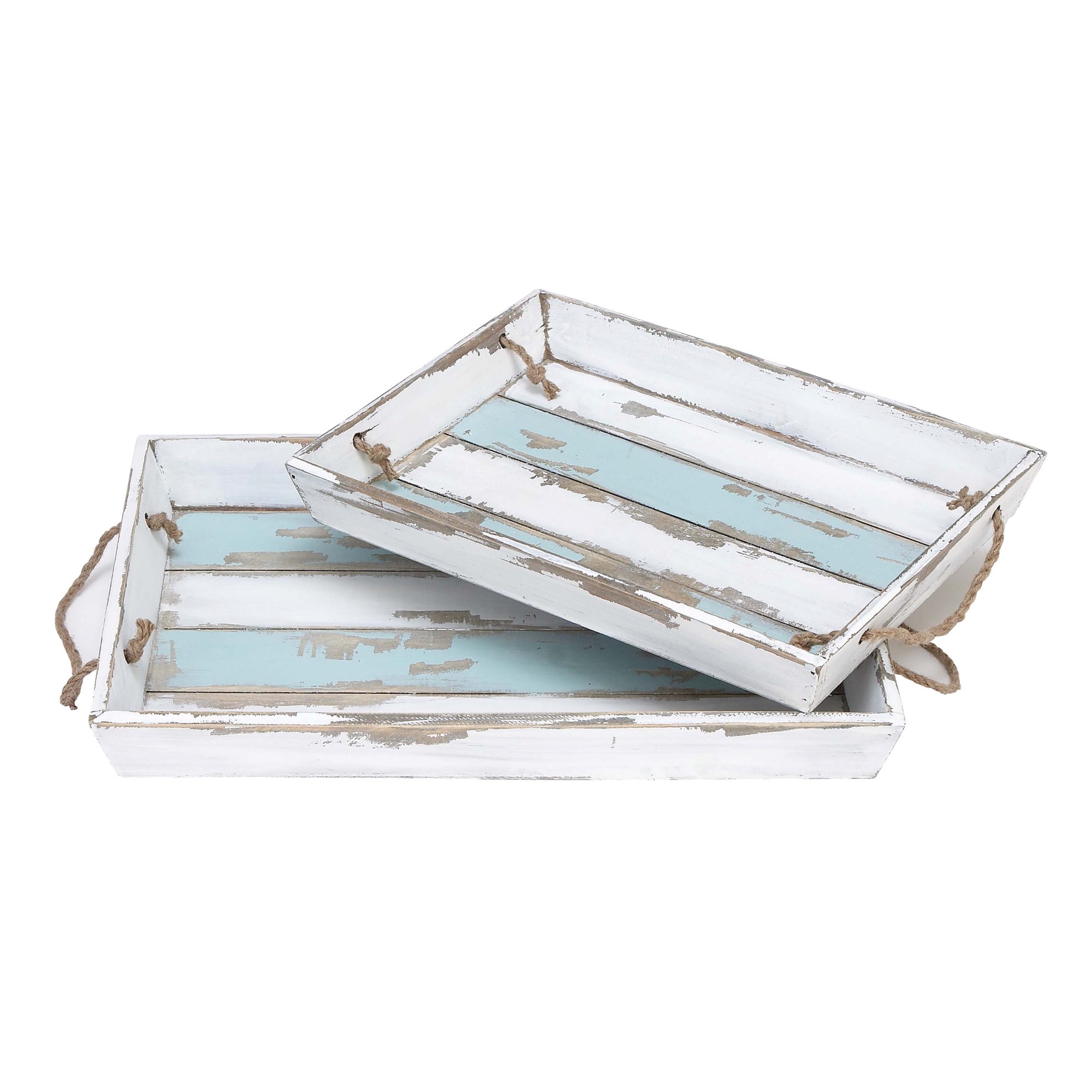 DecMode 18″. 15″W White Wood Tray with Blue Stripe. 2-Pieces