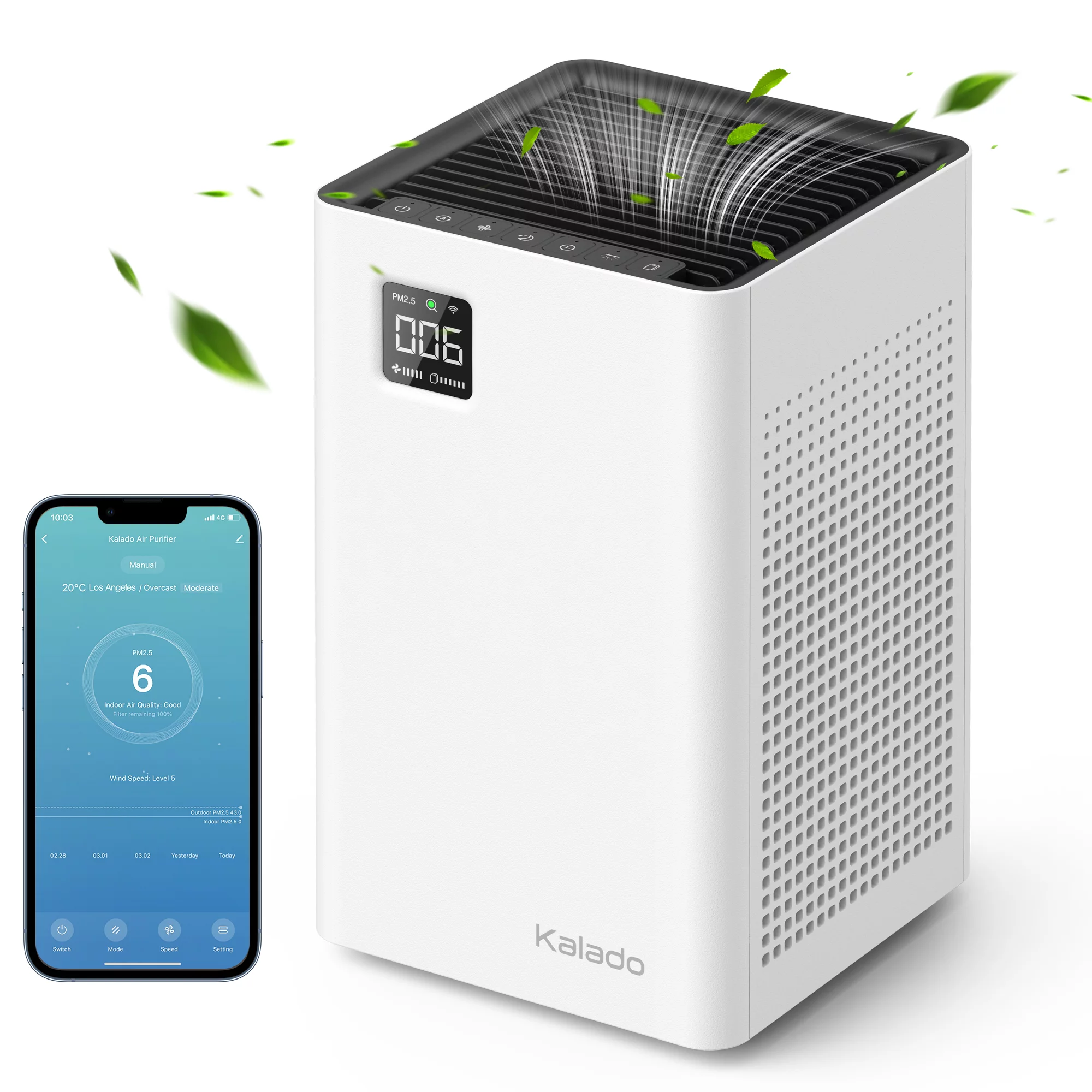 Kalado Air Purifier With Smart Wi-Fi. Double Filter. Voice Control. PM2.5 Detector. Energy Saving