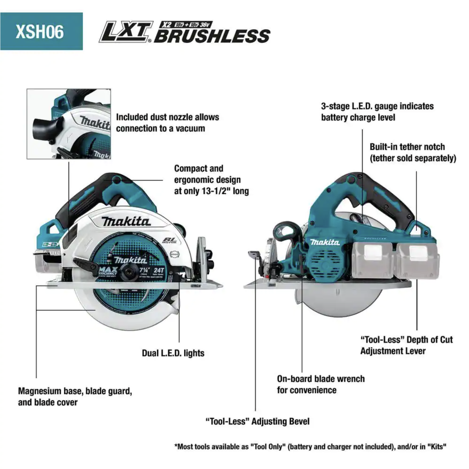 Makita 18V X2 LXT Lithium-Ion 36V Brushless Cordless 7-1/4 in. Circular Saw Kit 5.0Ah XSH06PT
