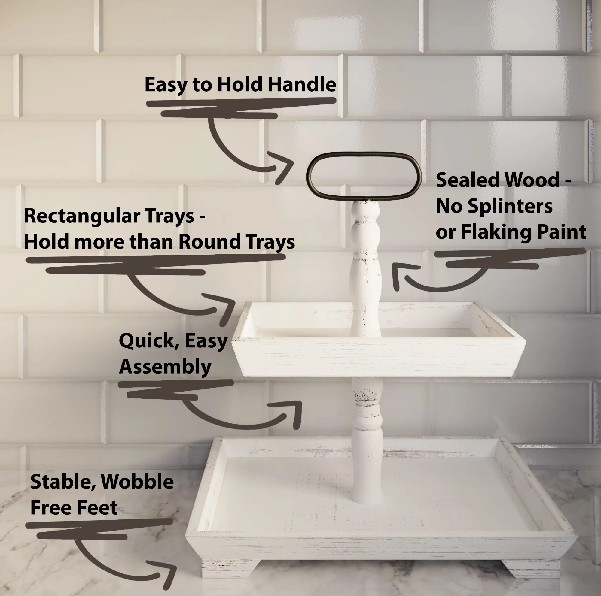 Hapoo 2-Tiered Wood Tray Stand. White. Vintage Decor