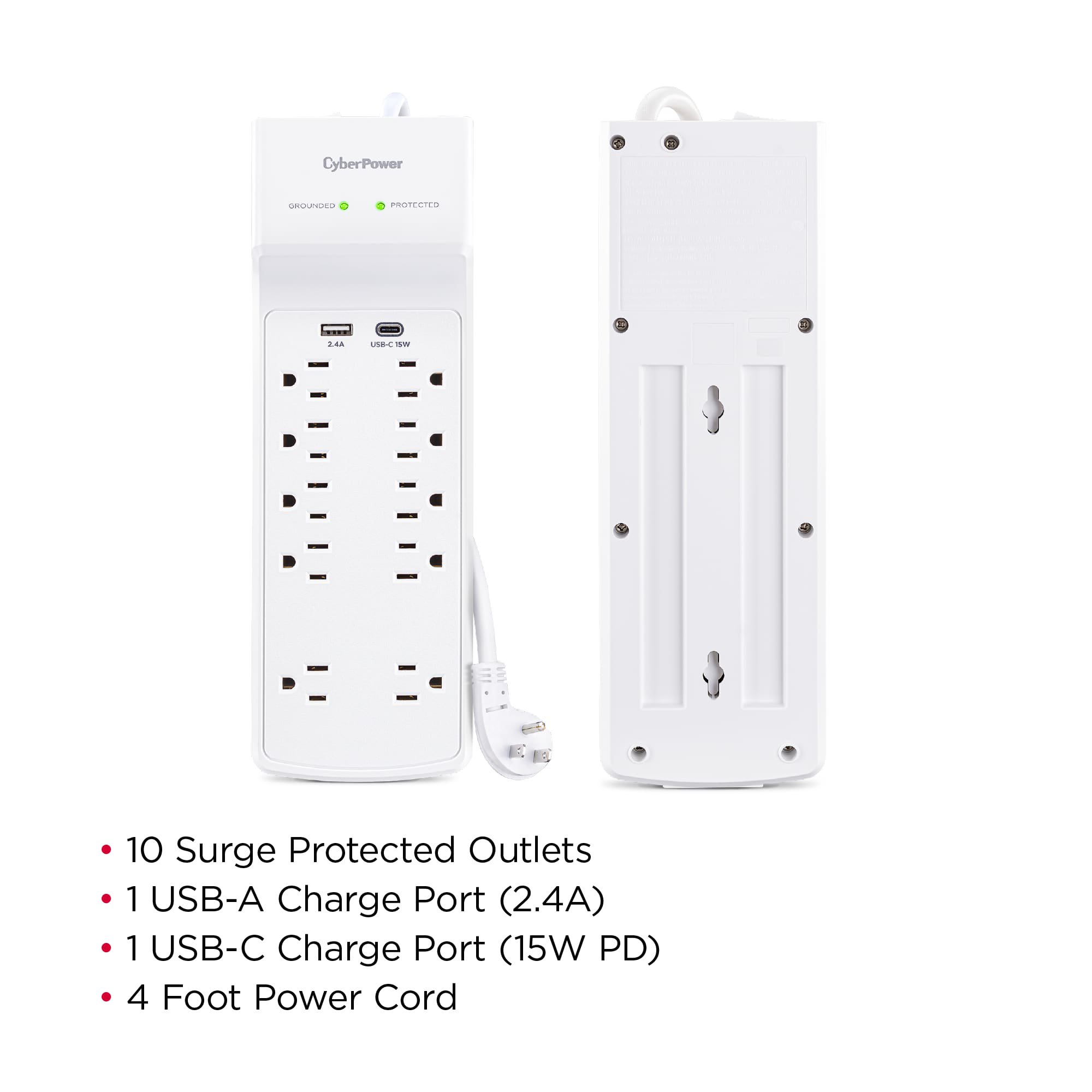 CyberPower Essential Series P1004UC - 3.600 Joule Surge Protector with 2 - 2.4 Amp USB Ports. White