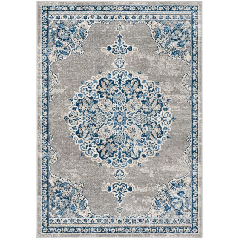Langley Street Evart Machine Woven/Power Loomed Performance Light Grey/Blue Rug. Rectangle 11′ x 15′
