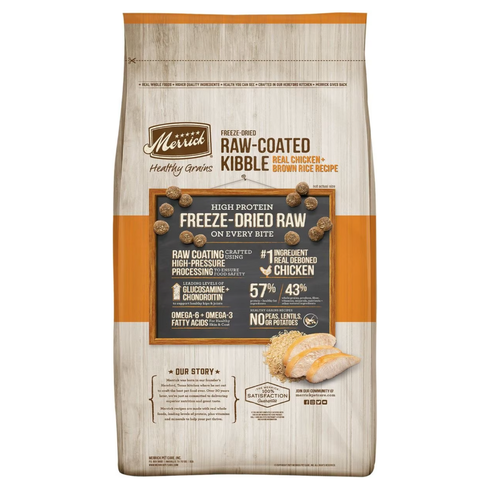 Merrick Healthy Grains Raw-Coated Kibble Real Chicken + Brown Rice. 10-lb bag
