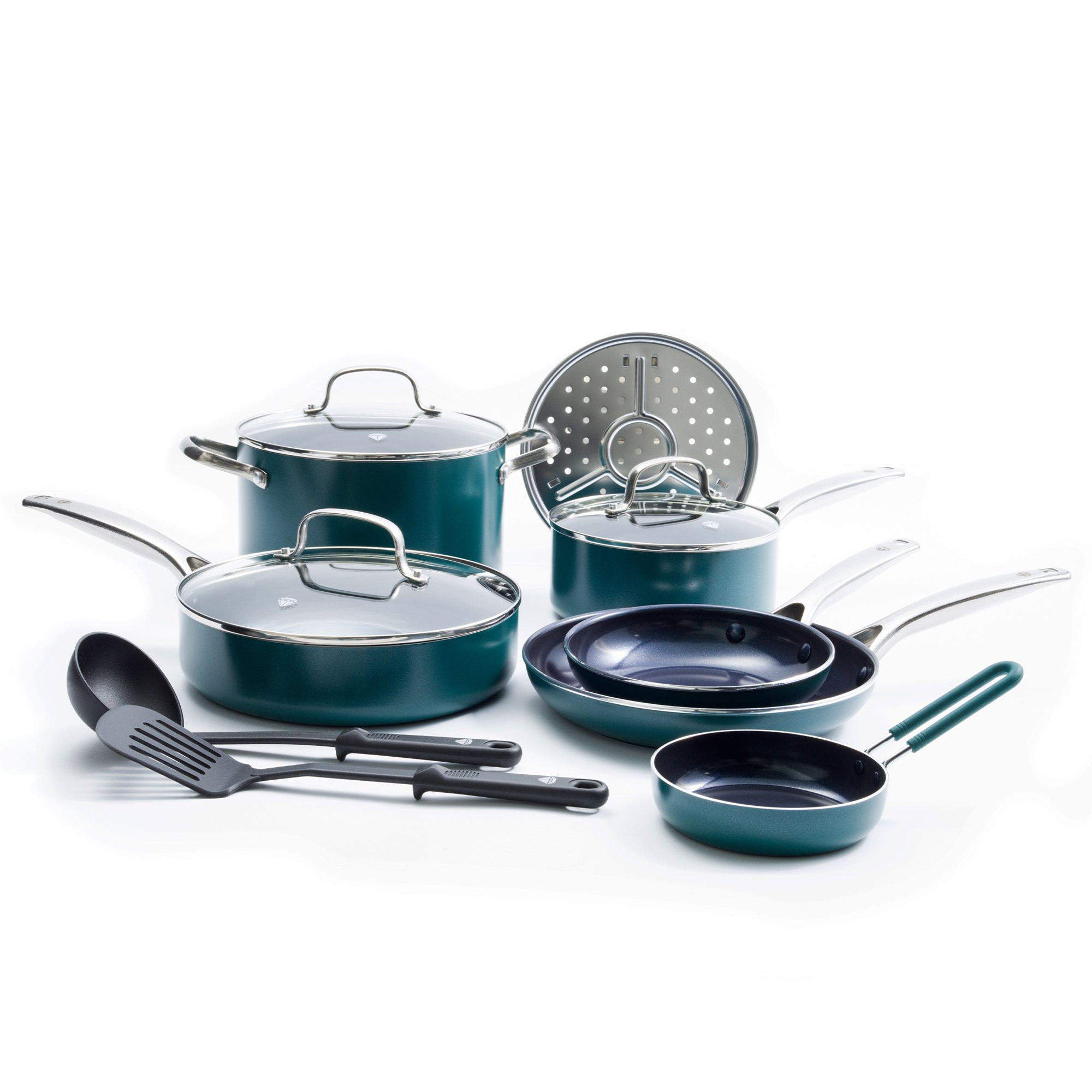 Blue Diamond 12-Piece Toxin-Free Ceramic Nonstick Cookware Set. Dishwasher Safe. Green