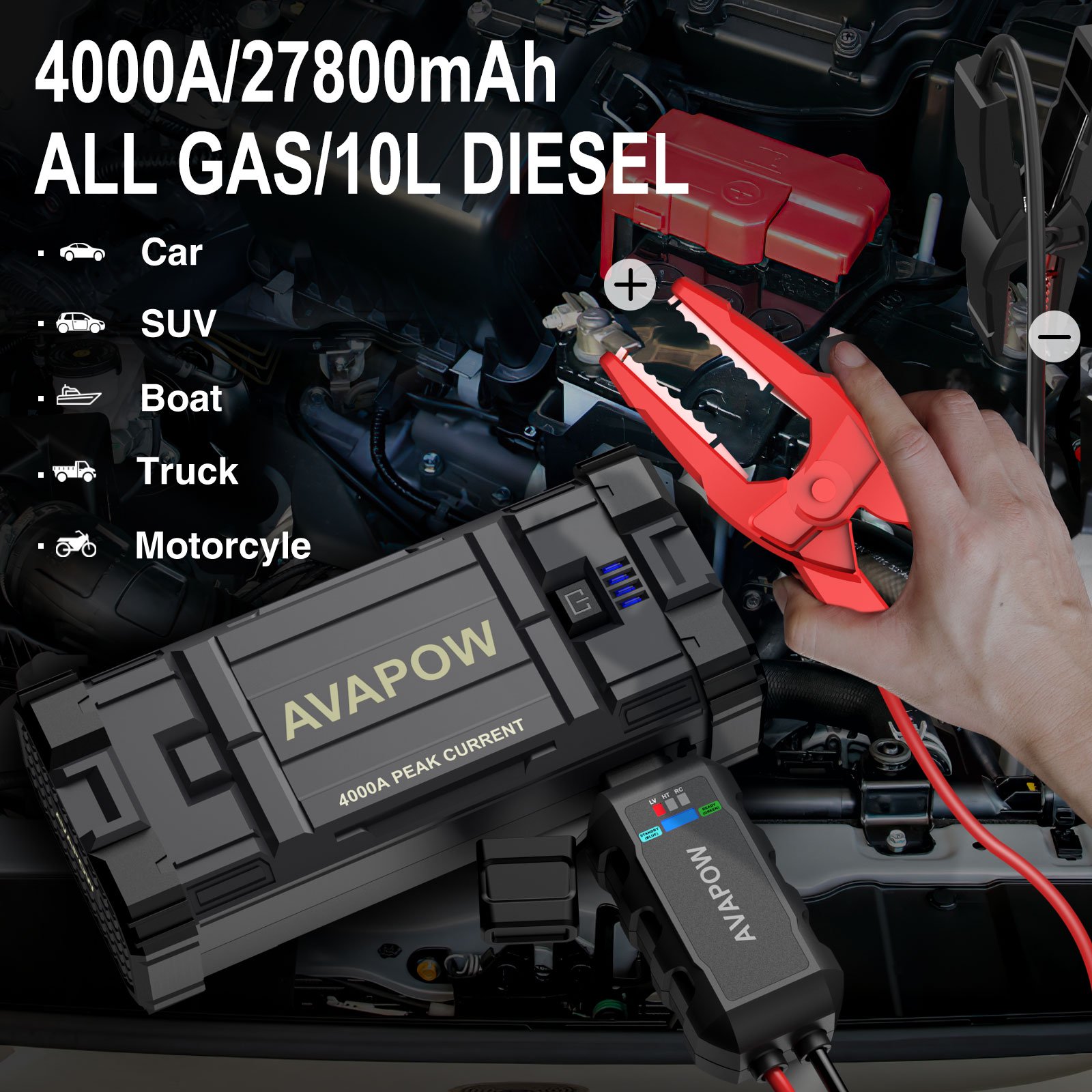 Avapow 4000A Car Battery Jump Starter. 27800 mAh Jump Box for All Gas or Up to 10L Diesel.12V Auto Battery Booster