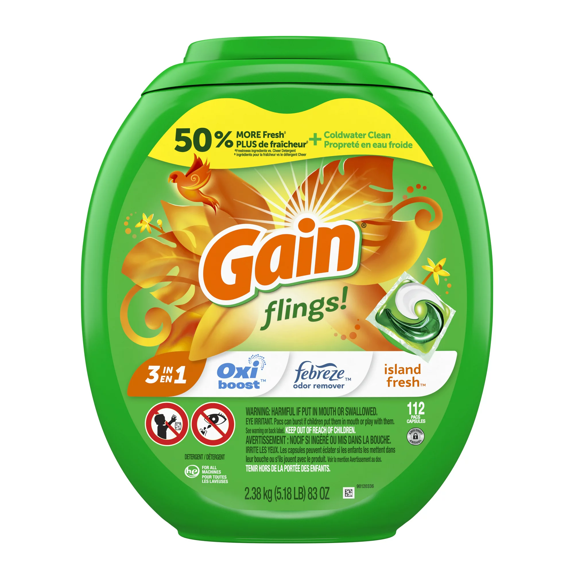 Gain Flings Laundry Detergent Soap Pacs. 112 Ct. Island Fresh Scent