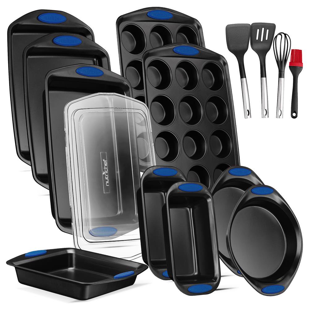 NutriChef 15-Piece Baking Pan Set. Nonstick Gray Coating Carbon Steel with Blue Silicone Handles Bakeware