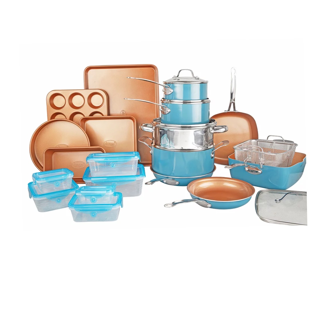 Gotham Steel 32 Piece Cookware Set. Bakeware and Food Storage Set. Nonstick Pots and Pans. Blue