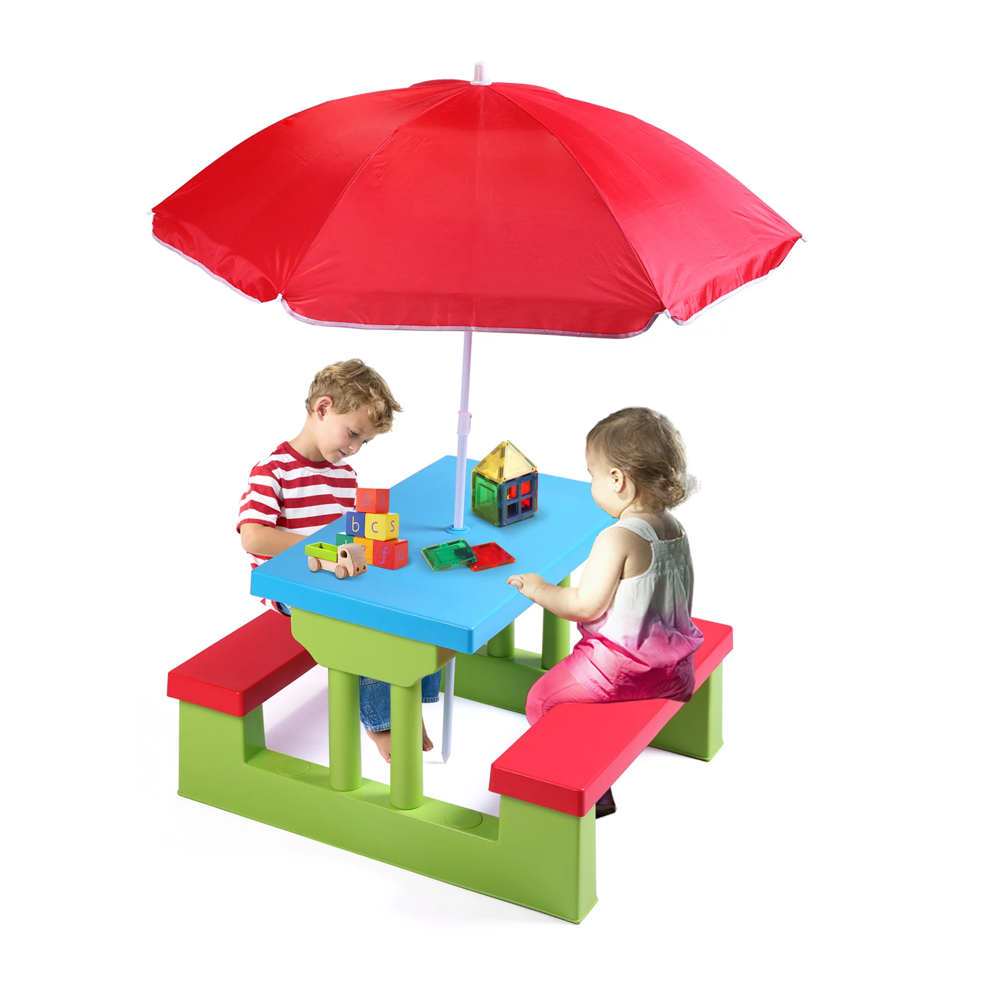 Tobbi 4 Seat Kids Picnic Table Bench Set Colorful Portable Garden Yard Bench with Removable Umbrella