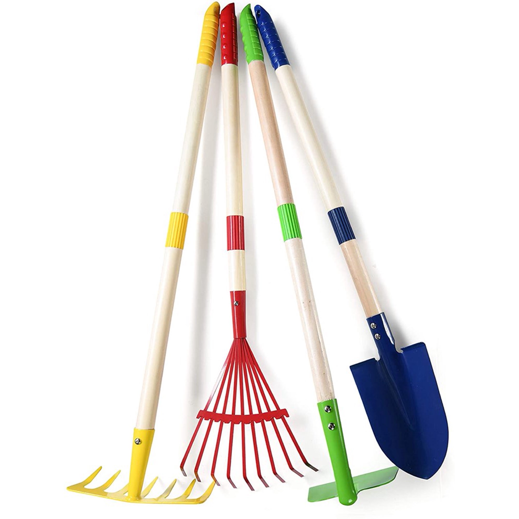 Play22 Kids Garden Tool Set Toy 4-Piece. Shovel. Rake. Hoe. Leaf Rake. Wooden Gardening Tools for Kids