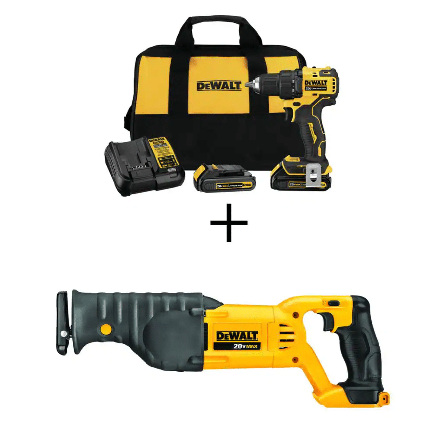 Dewalt Atomic 20V Max Cordless Brushless Compact 1/2 in. Drill/Driver. (2) 20-Volt 1.3Ah Batteries & Reciprocating Saw (DCD708C2WCS380B)