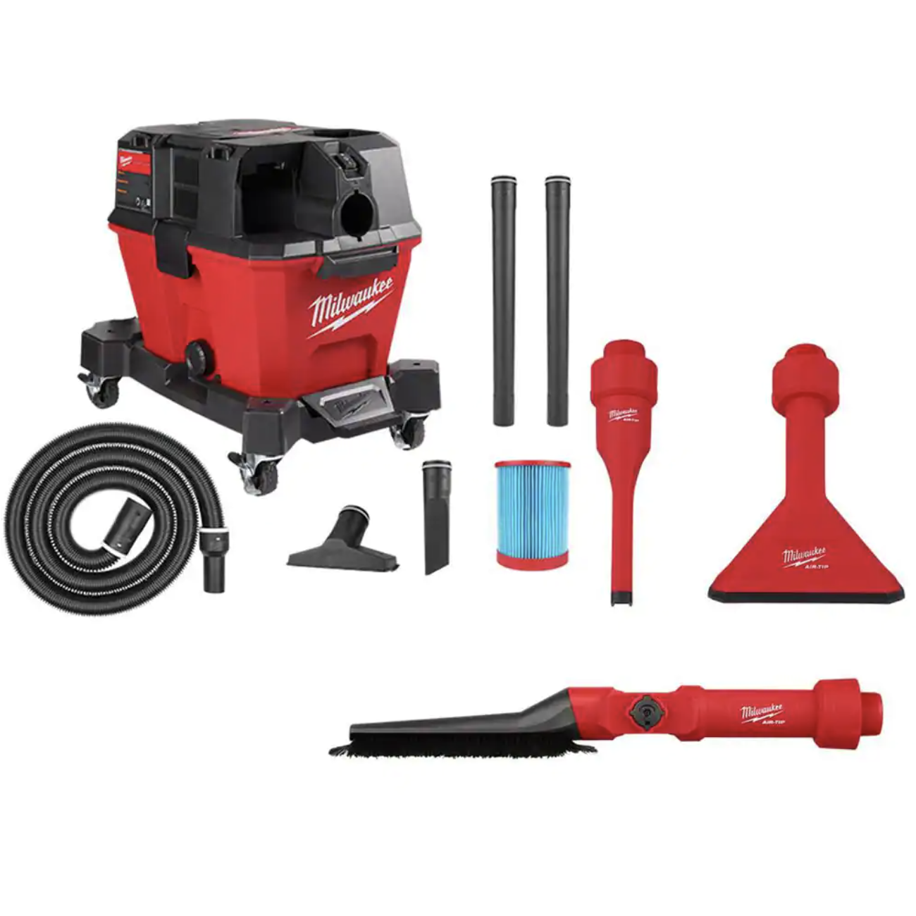 Milwaukee M18 FUEL 6 Gal. Cordless Wet/Dry Shop Vac W/Filter. Hose and AIR-TIP 1-1/4 in. - 2-1/2 in. Brush. Crevice and Nozzle Kit