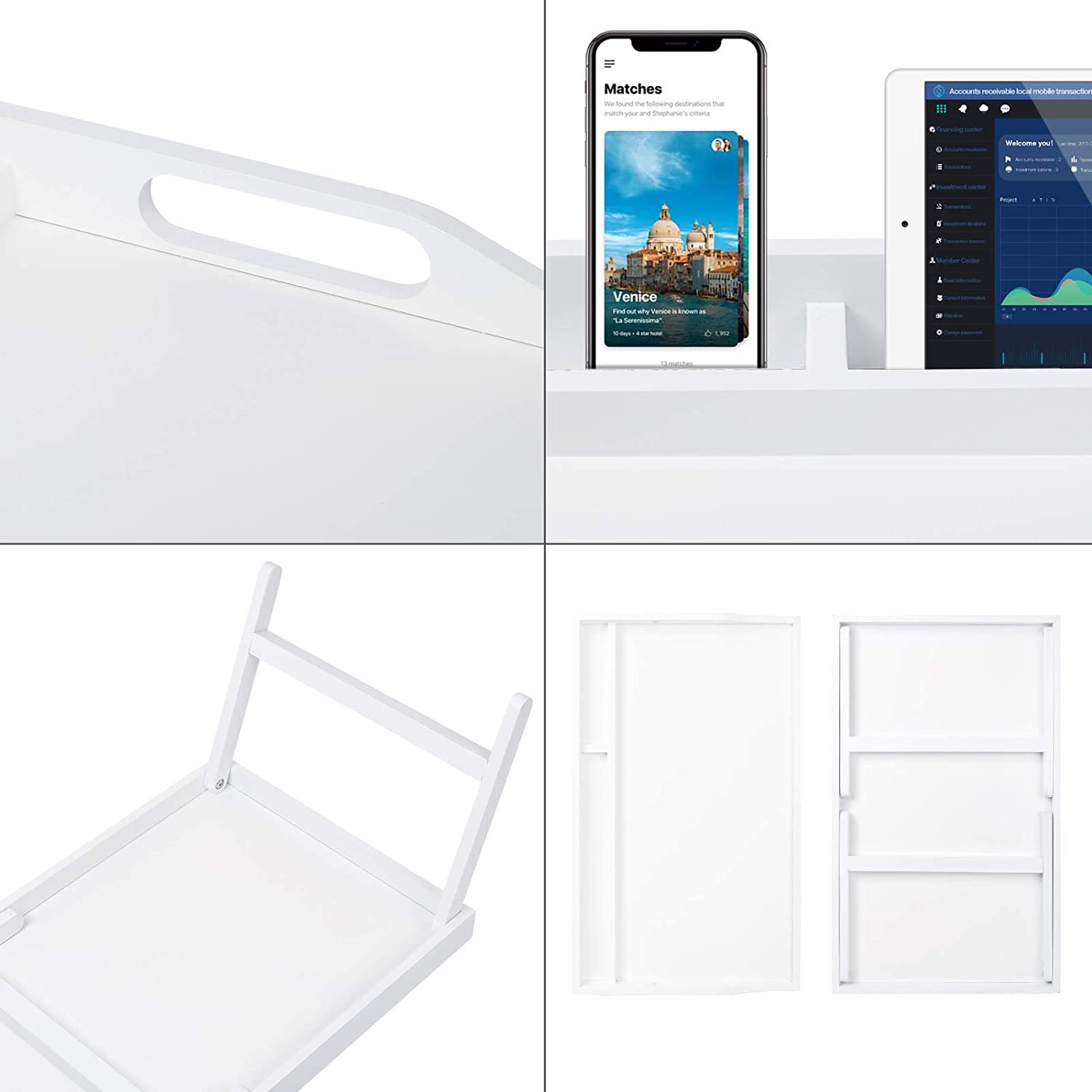 Artmalle Bed Tray Table With Carrying Handles Folding Legs Bamboo White Lap Table Tray