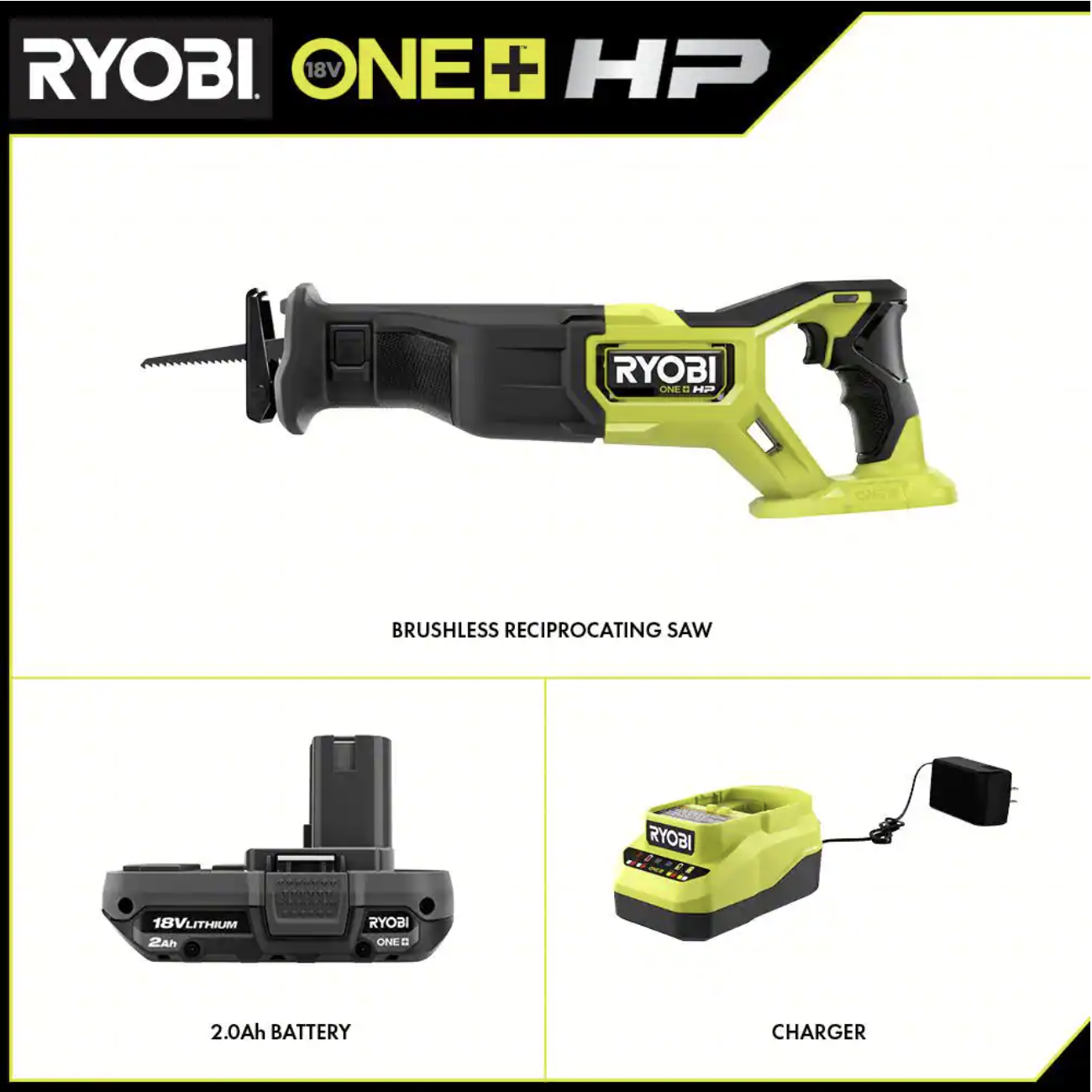 Ryobi One+ HP 18V Brushless Cordless Reciprocating Saw with 2.0 Ah Battery and Charger